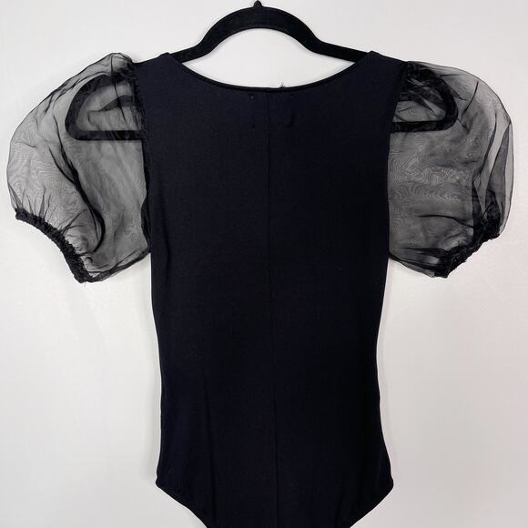 Princess Polly Size 2 Black Puff Sleeve Bodysuit Square Neckline Sheer Stretch - Picture 6 of 12